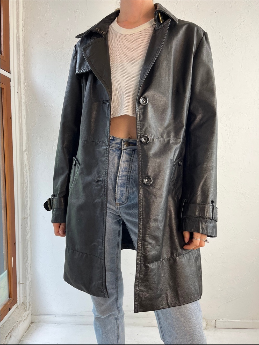 le chateau vintage Black Leather Trench Coat